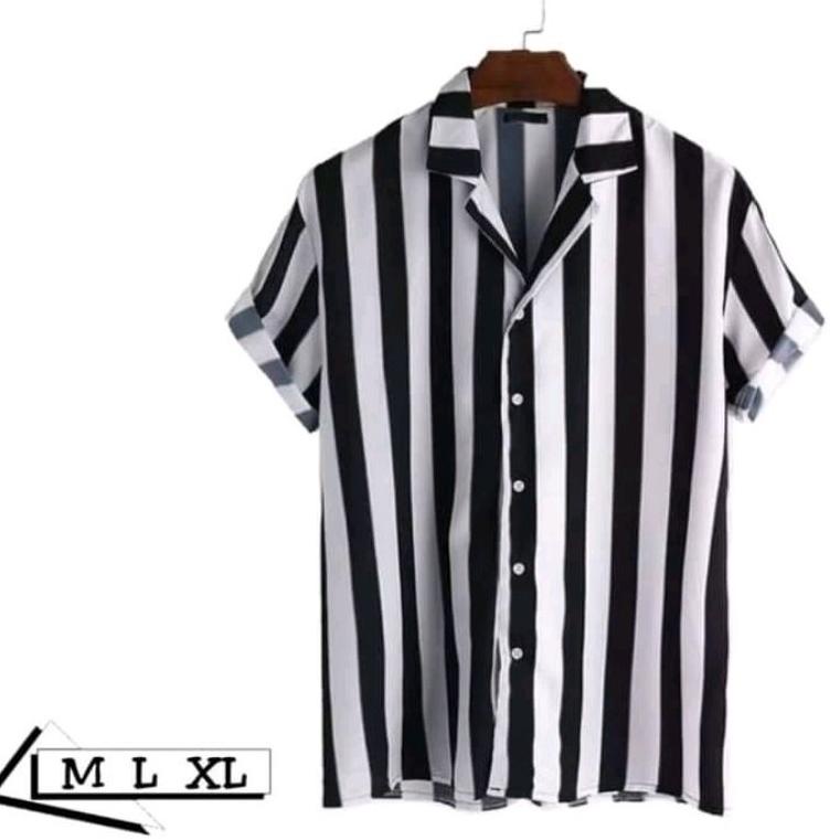 u87♚ Kemeja salur pria garis Hitam putih | Kemeja pria motif garis-garis | Kemeja pria lengan pendek