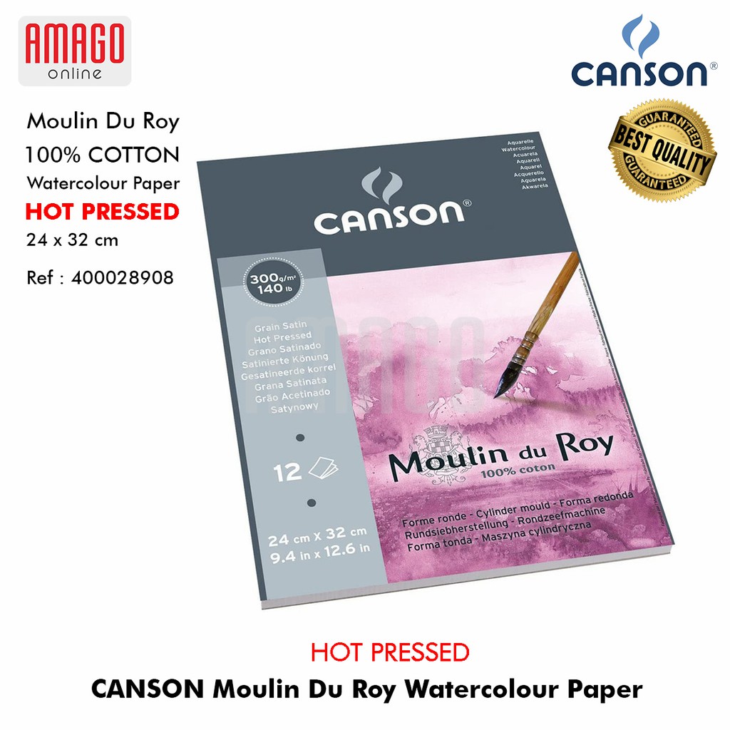 BUKU CANSON - MOULIN DU ROY WATERCOLOUR HOT PRESSED - SATIN GRAIN - 12 SHEETS 300GR - 24X32CM - PAD