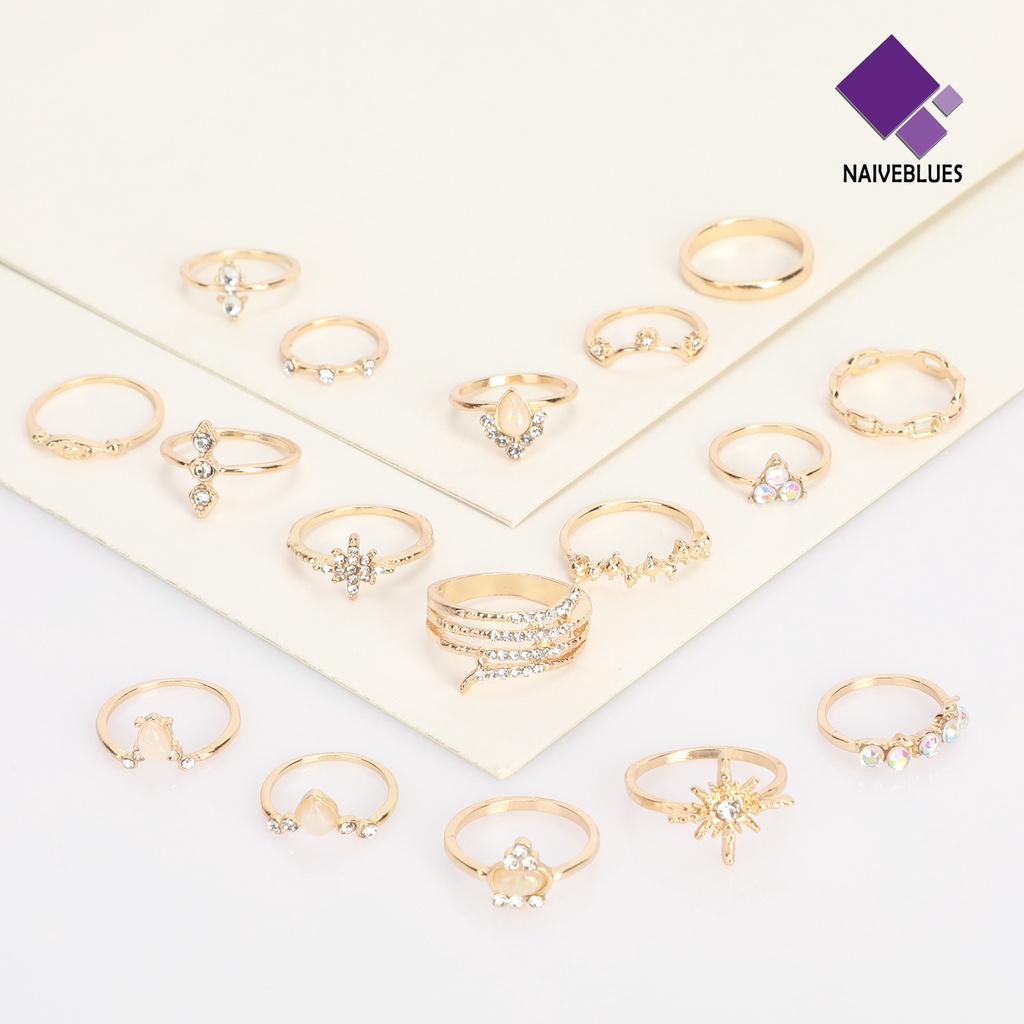 17pcs / Set Cincin Jari Permata Berlian Imitasi Gaya Bohemian Untuk Wanita