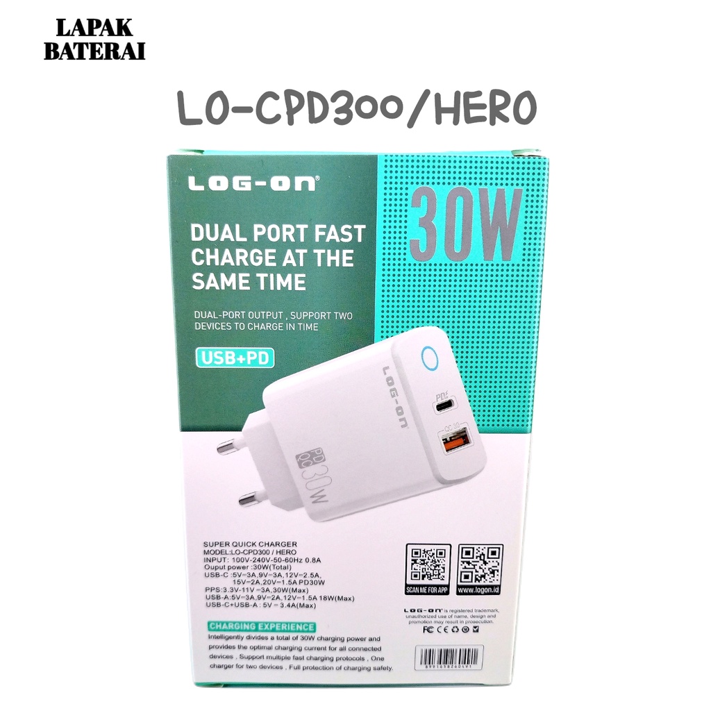 Log on - CPD300 30W Batok Charger 2 Output PD3.0 QC4 Fast Charging Power Delivery Type C