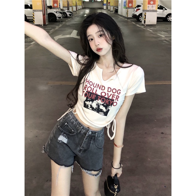 Suhao Pure Desire Pusar Pendek V-Neck T-Shirt Musim Panas Baru Chic Manis Spice Girl Bahu Depan Slim Serut Lengan Pendek Top Wanita