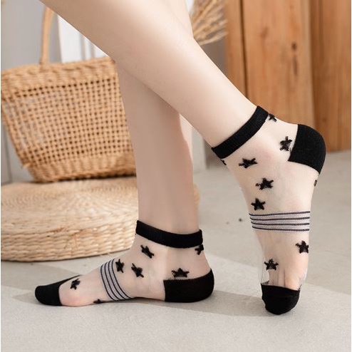 KKT-114 Kaos Kaki Transparan Korea Motif Bintang Garis Socks