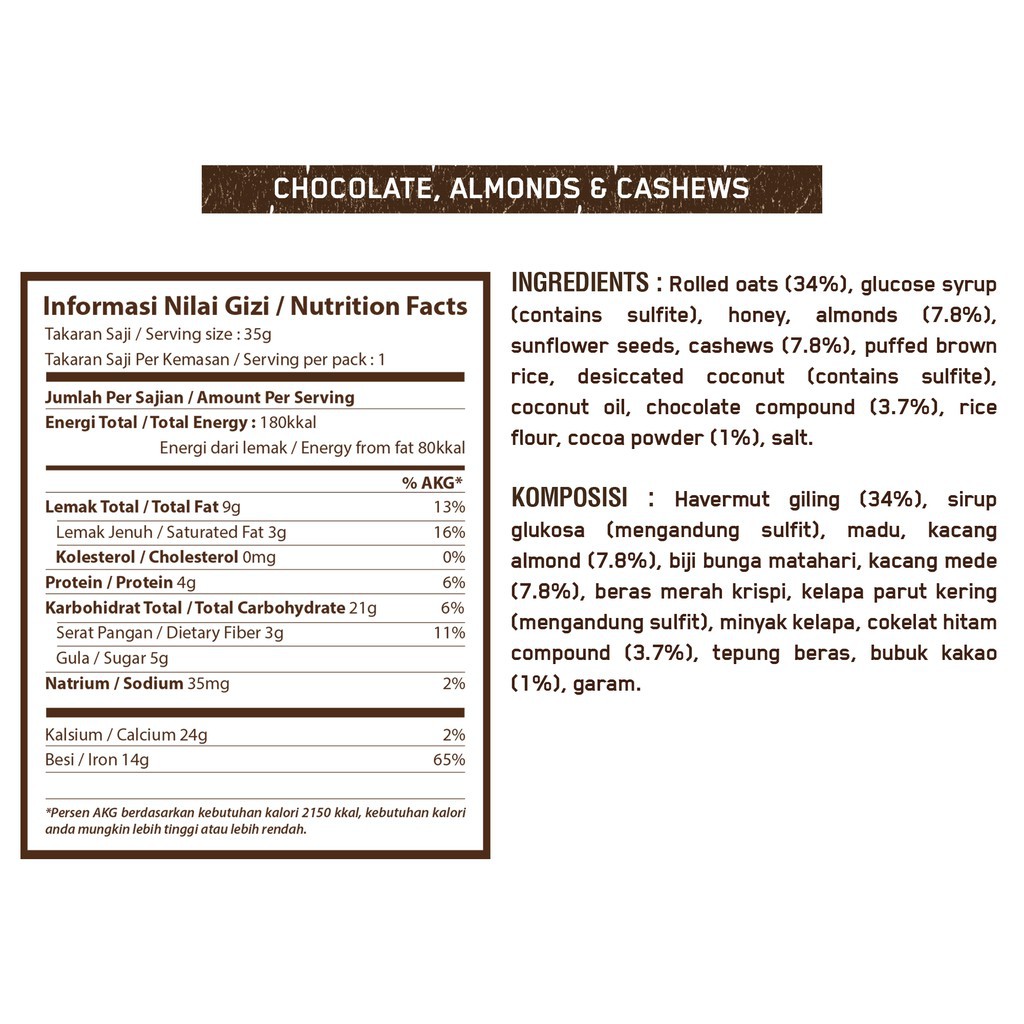 GRANOLA CREATION BAR - CHOCOLATE, ALMONDS, CHASEWS 35 GR (1PCS)