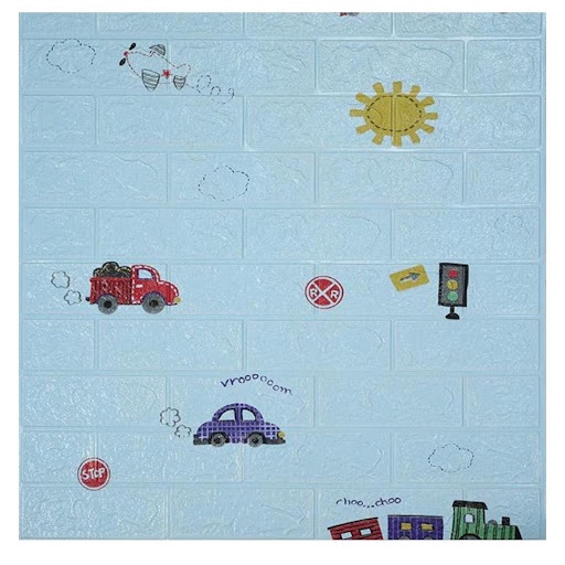 Wallpaper Foam 3D Stiker Dinding Dekorasi Minimalis Rumah Motif Lucu Ukuran 70 x 77 cm-Biru Mobil