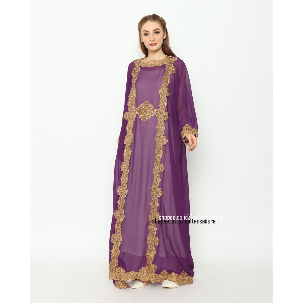 kaftan kapucong warna ungu bordir mewah ada hoodie bahan siffon jumbo lebaran 2021