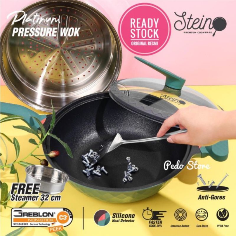 STEINCOOKWARE STEIN WOK PLATINUM PRESSURE COOKER PANCI PRESTO ANTI BARET 32 CM ORIGINAL