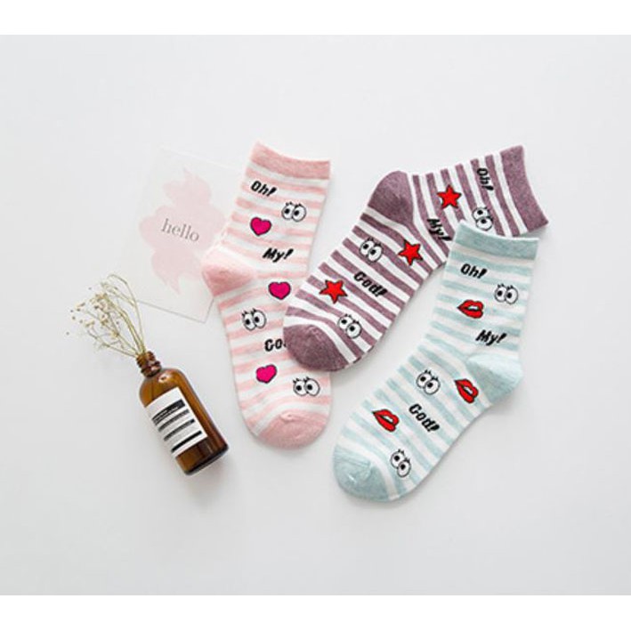 kaus kaki wanita garis-garis lips eye pattern socks (2F4) fse128