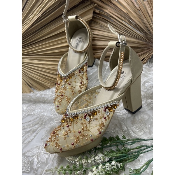 sepatu wanita wedding pesta naima gold tali 9cm tahu