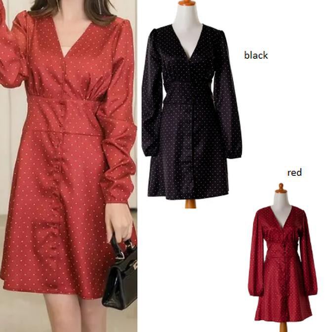 PRODUK TERBARU DRESS MINI FLARE IMPORT POLKA DOT MERAH HITAM GAUN PESTA RED BLACK - MERAH, S BAHAN