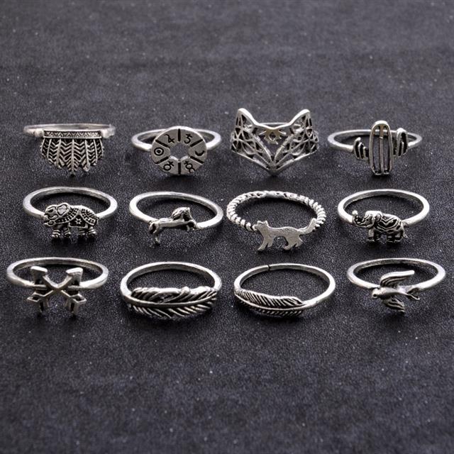 Eropa dan Amerika baru retro set daun Fox gajah 12 cincin