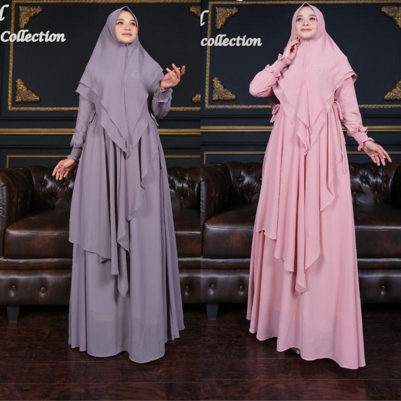 Gamis Syar'i Terbaru Gamis Elina Syar'i/Syar'i Polos/ Gamis Set Kerudung 2 Layer Jumbo Lv