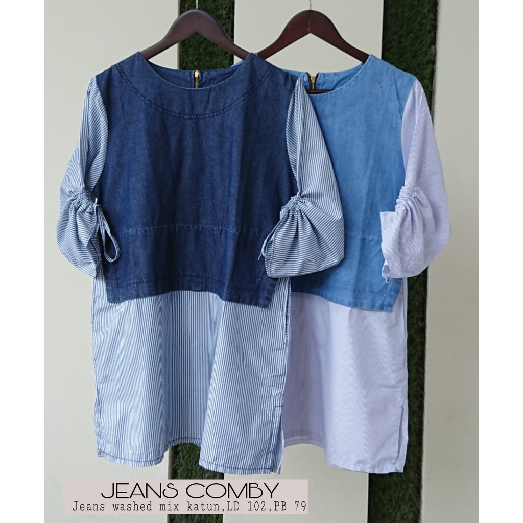 Atasan wanita model Tunik Jeans Mix Katun Salur