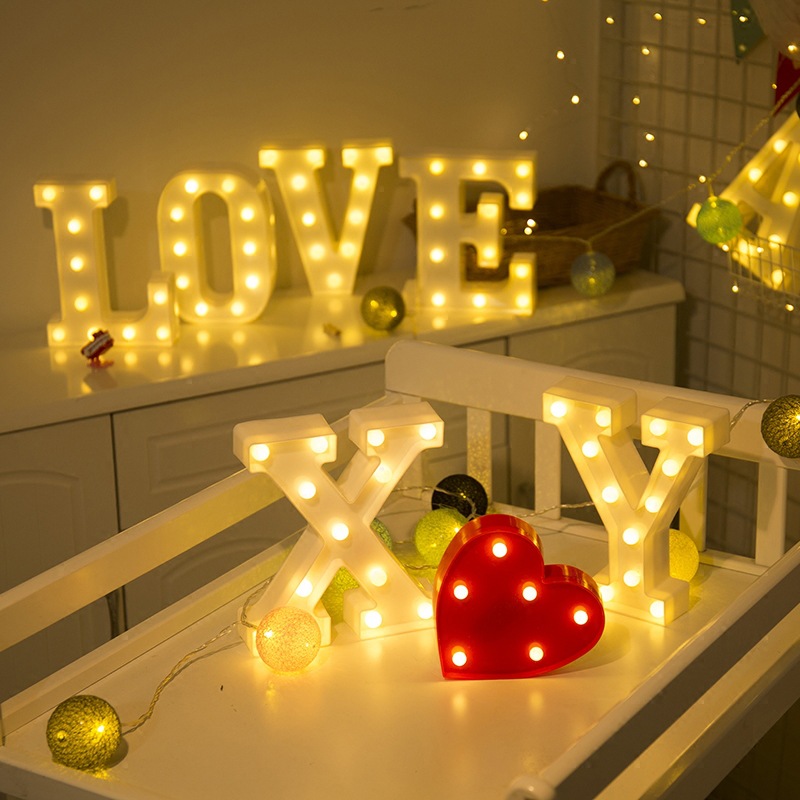 LED 26 Letters Luminous Night Light/Warm White Battery DIY Alphabet Lamp/Christmas Wedding Birthday Valentines Day Party Decor/INS Standing Neon Romantic Light Box