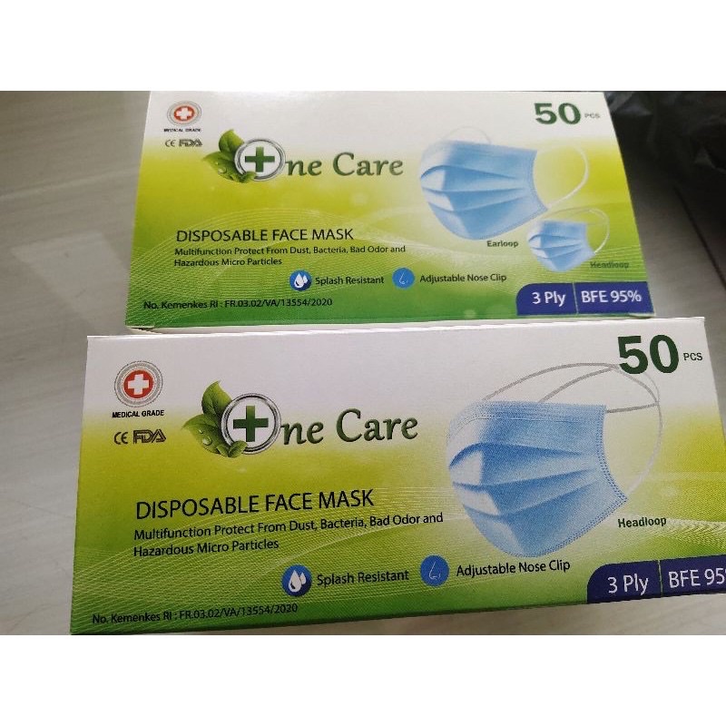 masker 3ply earloop one care isi 50pc kemenkes biru