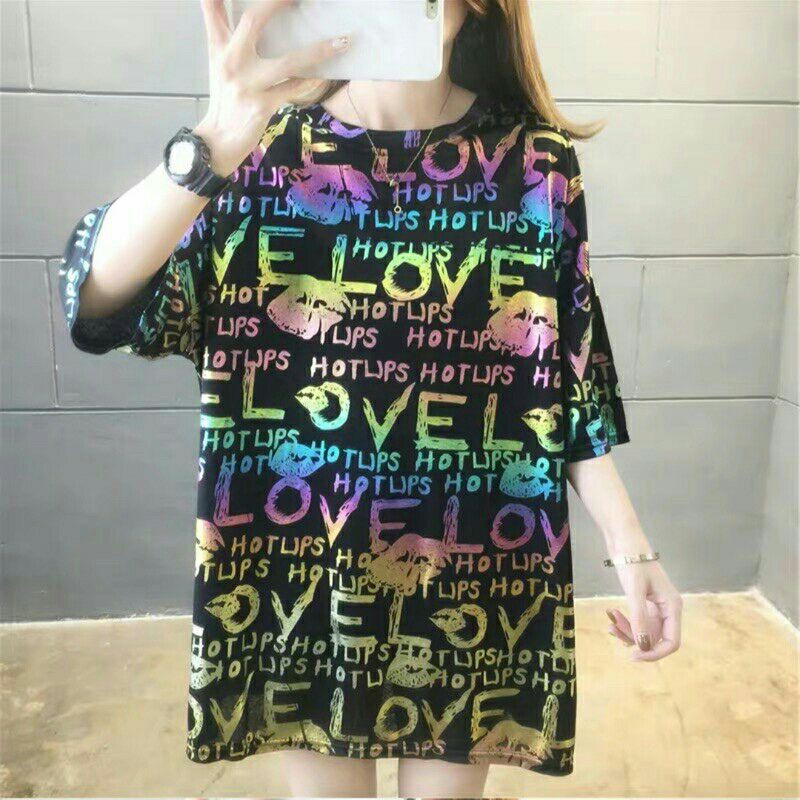 8218 Baju atasan blouse METALIC FOIL PRINT oversized big size Korea Korean style cewek import baju b