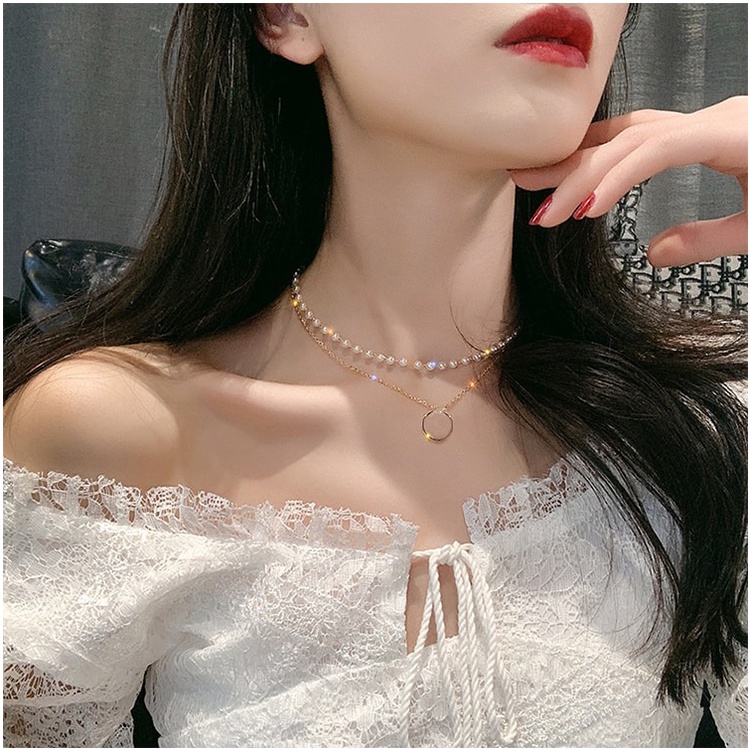 Jepang dan Korea Selatan Double Kalung Mutiara Imitasi Alami Cincin Liontin Kalung Feminin Cahaya Mewah Klavikula Rantai In Angin Kalung Fashion Perhiasan