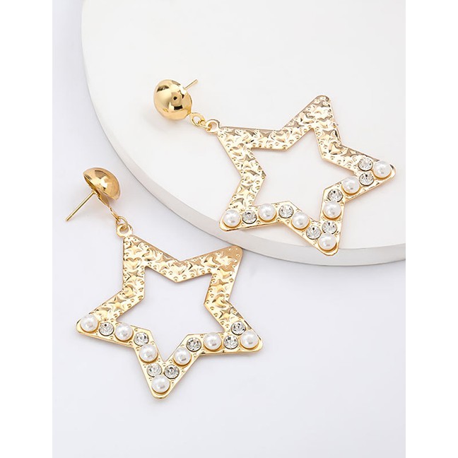 LRC Anting Tusuk Fashion Golden Pentagram Alloy Acrylic Diamond Earrings K10050