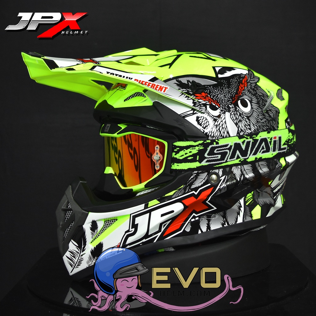 HELM JPX CROSS_FOX1 SERI X13 - FLUO YELLOW GLOSS + GOOGLE SNAIL (ONGKIR 2 KG) JPX X13 MOTIF OWL HELM JPX BURUNG HANTU HELM CROSS YELLOW JPX STABILO