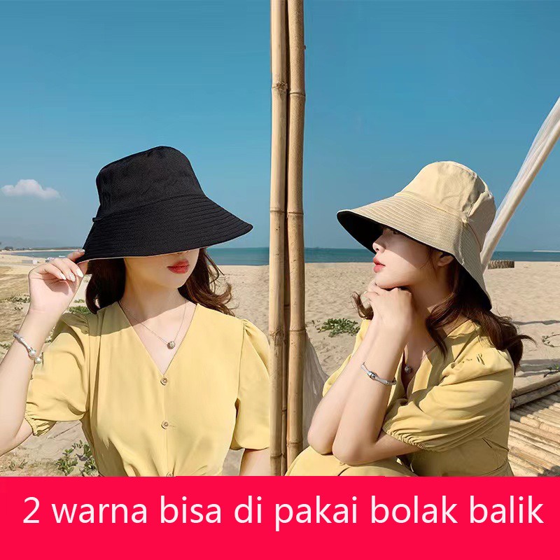 Topi Pantai Wanita Bolak Balik Topi Bucket Pantai Lebar Polos Dua Sisi Premium Topi Pantai Elegan Wanita Anti UV