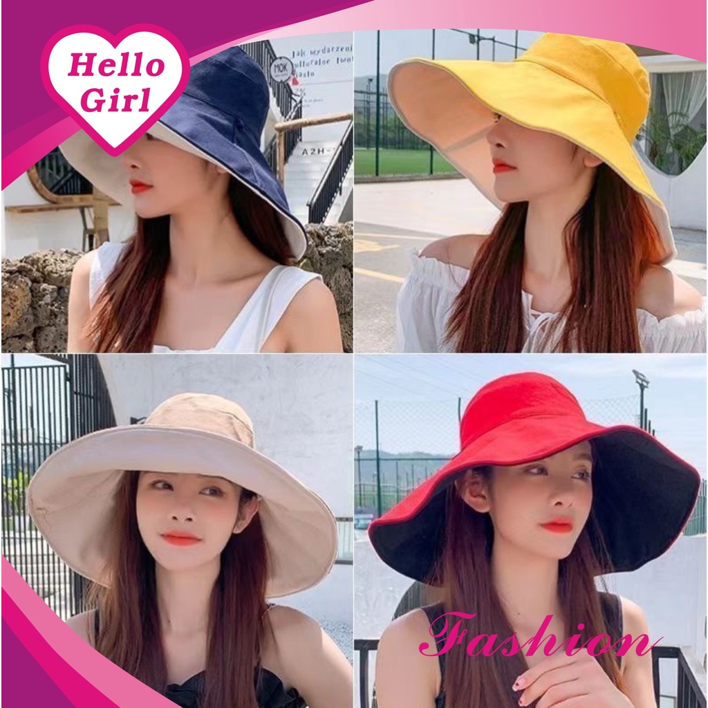 (Hello Girl) MZ22 Topi Matahari /Topi Bucket Grim Lebar Motif Polos Gaya Korea Import