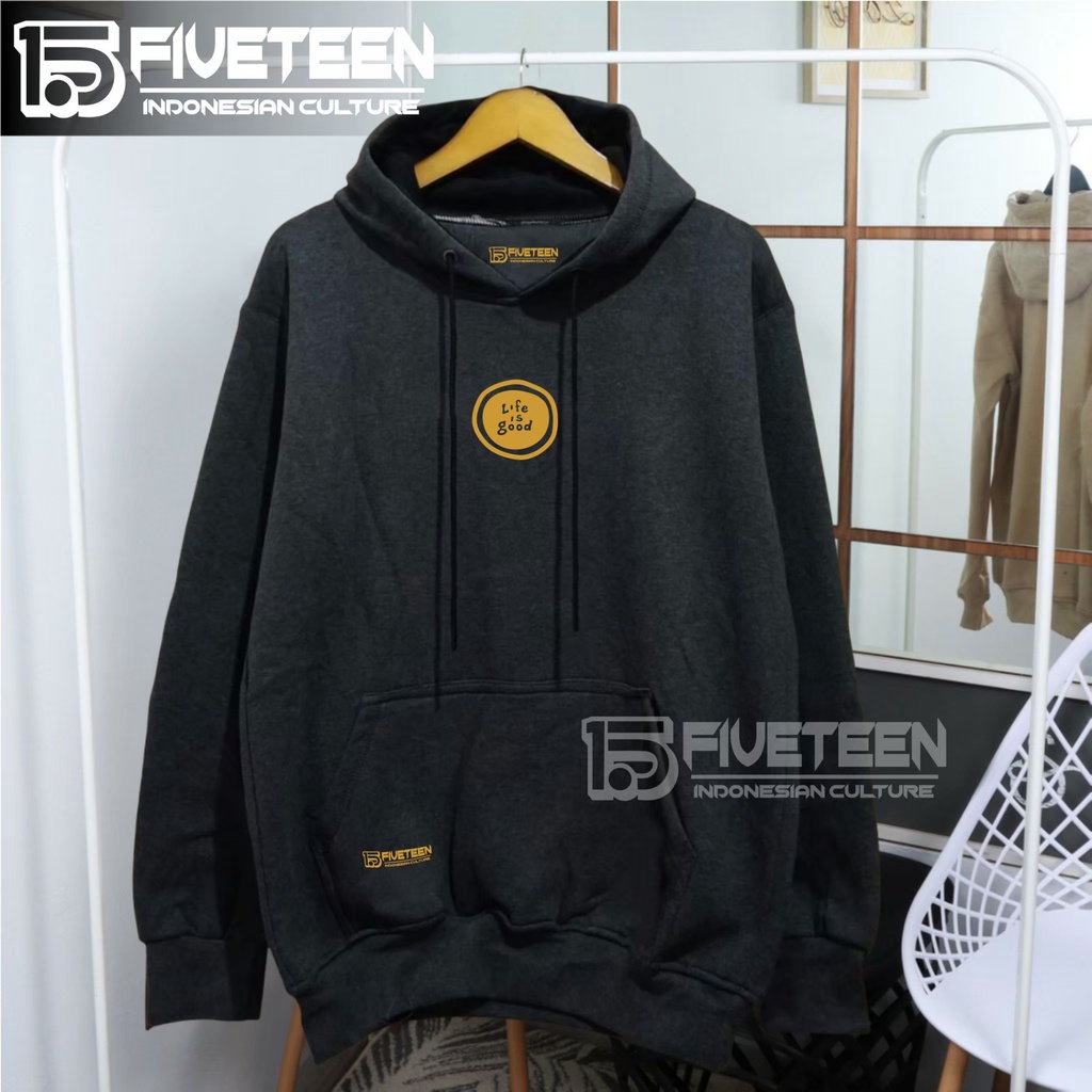 jaket distro original brand 15fifteen15 warna abu tua list sablon life is good hoodie cowok distro