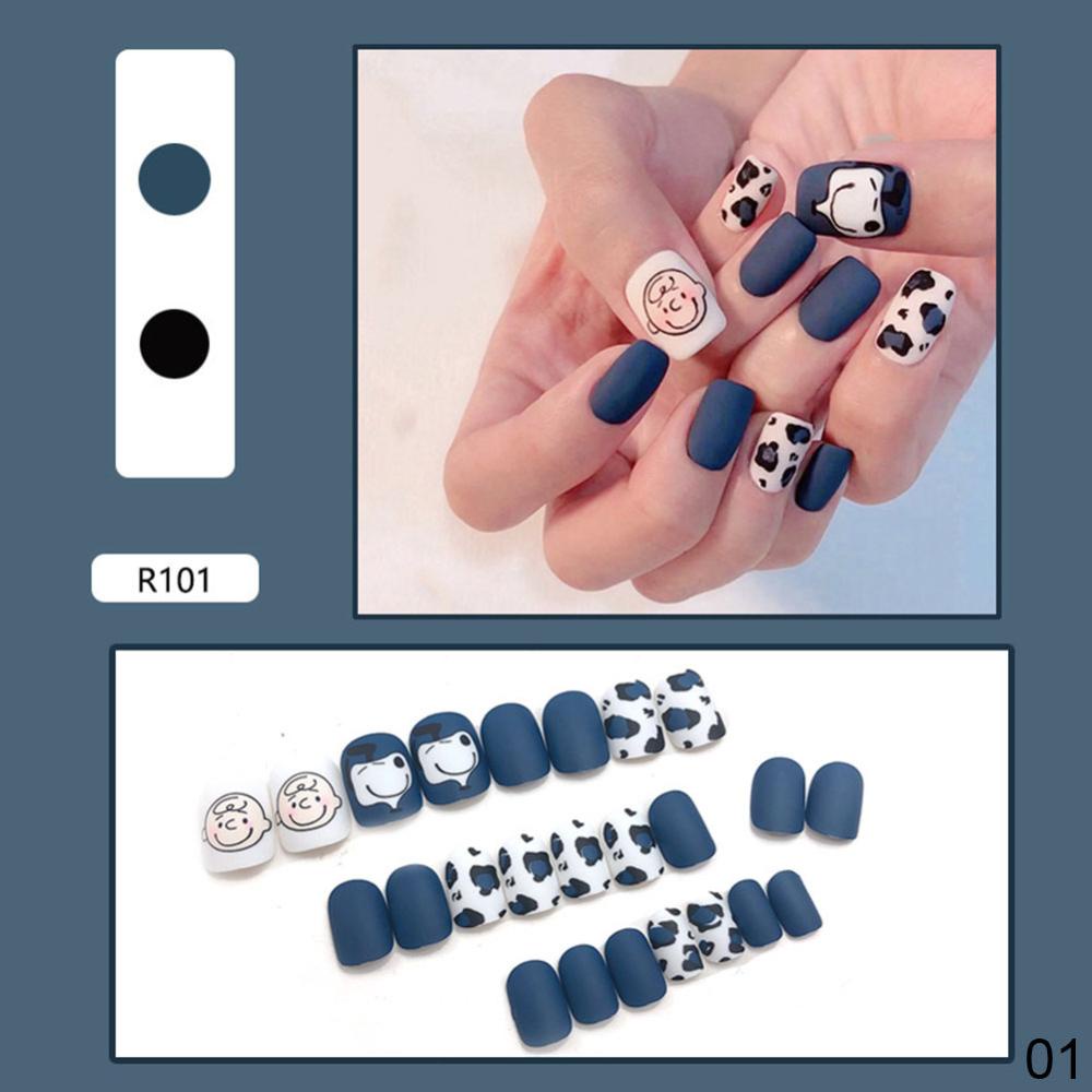 Timekey 24pcs / Set Kuku Palsu Full Cover Motif Bunga Aster Matte Dengan Lem Untuk Nail Art A7K4