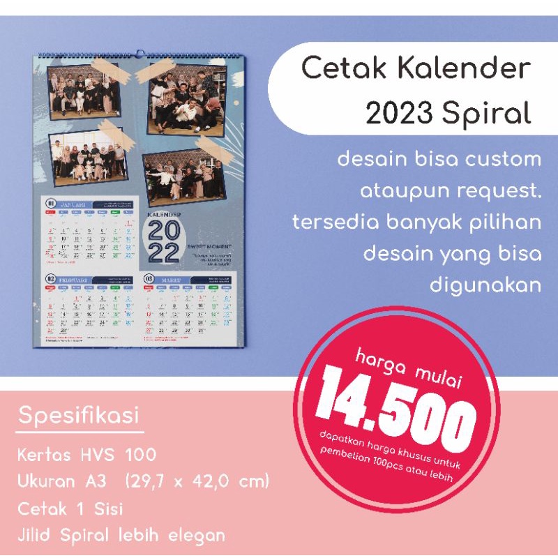 

Kalender Dinding 2023 Spiral A3+ Bisa Satuan Custom Desain Kertas HVS 100gsm