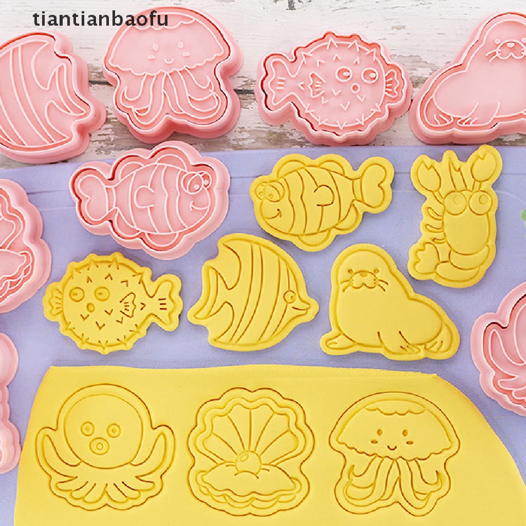 8pcs / Set Cetakan Pemotong Kue / Biskuit Bentuk Kartun Hewan Laut 3D Model Tekan Untuk Alat Dapur