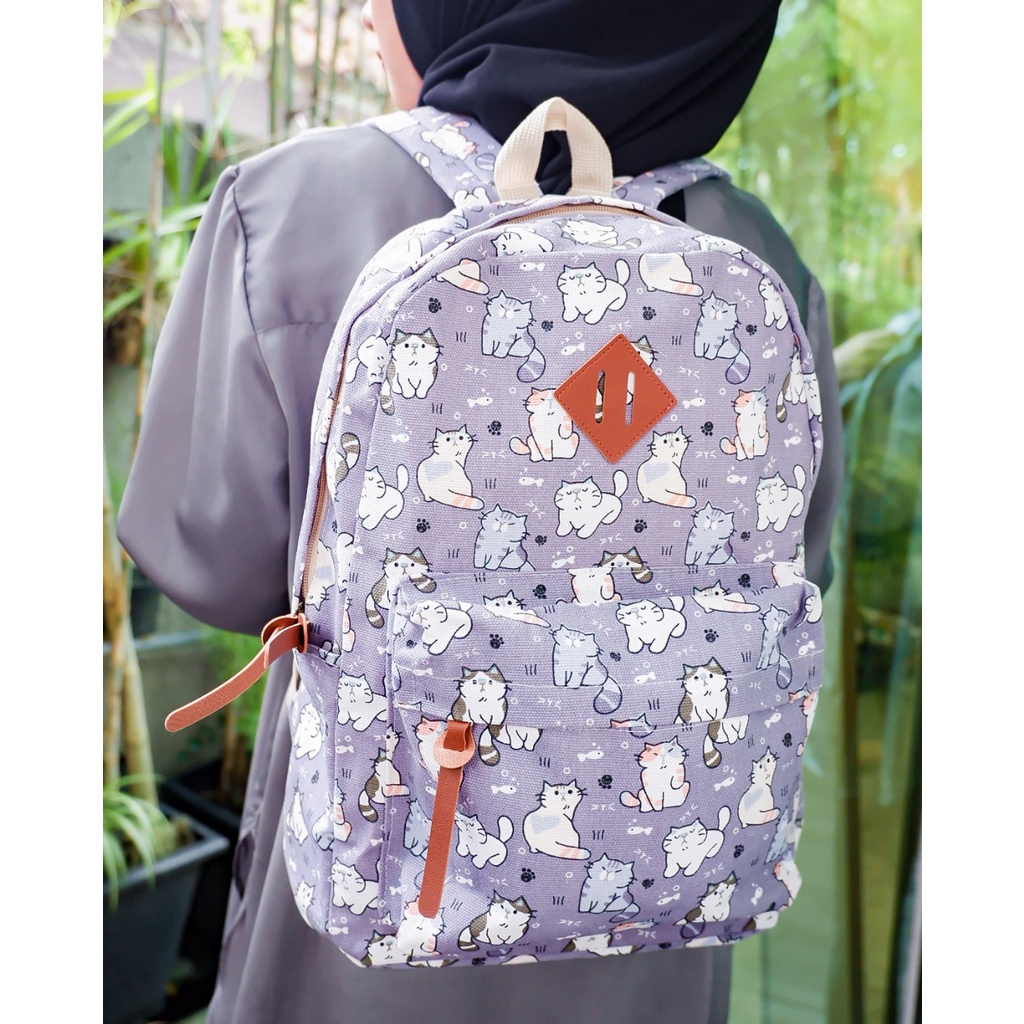 BACKPACK KUCING UNGU // taskanvasbdg - tas kanvas - tas ransel wanita - tas wanita - tas lucu - tas cewek