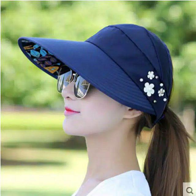 Topi Visor Lipat Wanita Casual Pelindung Sinar UV Anti UV Untuk Pantai-Navy