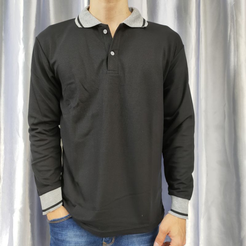 Kaos Kerah polos lakos lengan panjang uk M L XL XXL XXXL-Krah Hitam PJG