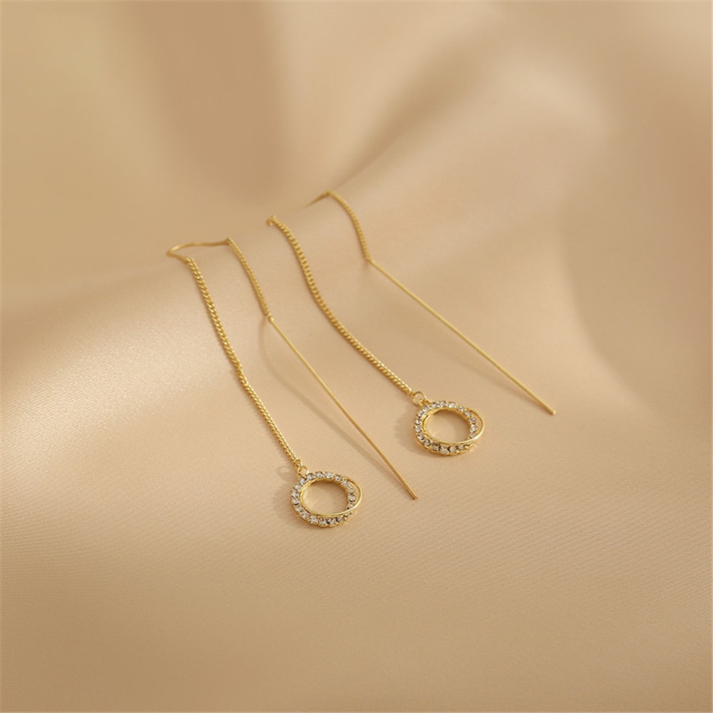 【COD Tangding】Elegant Golden Round Zircon Long Tassel Pendant Earrings Women Fashion Jewelry Accessories