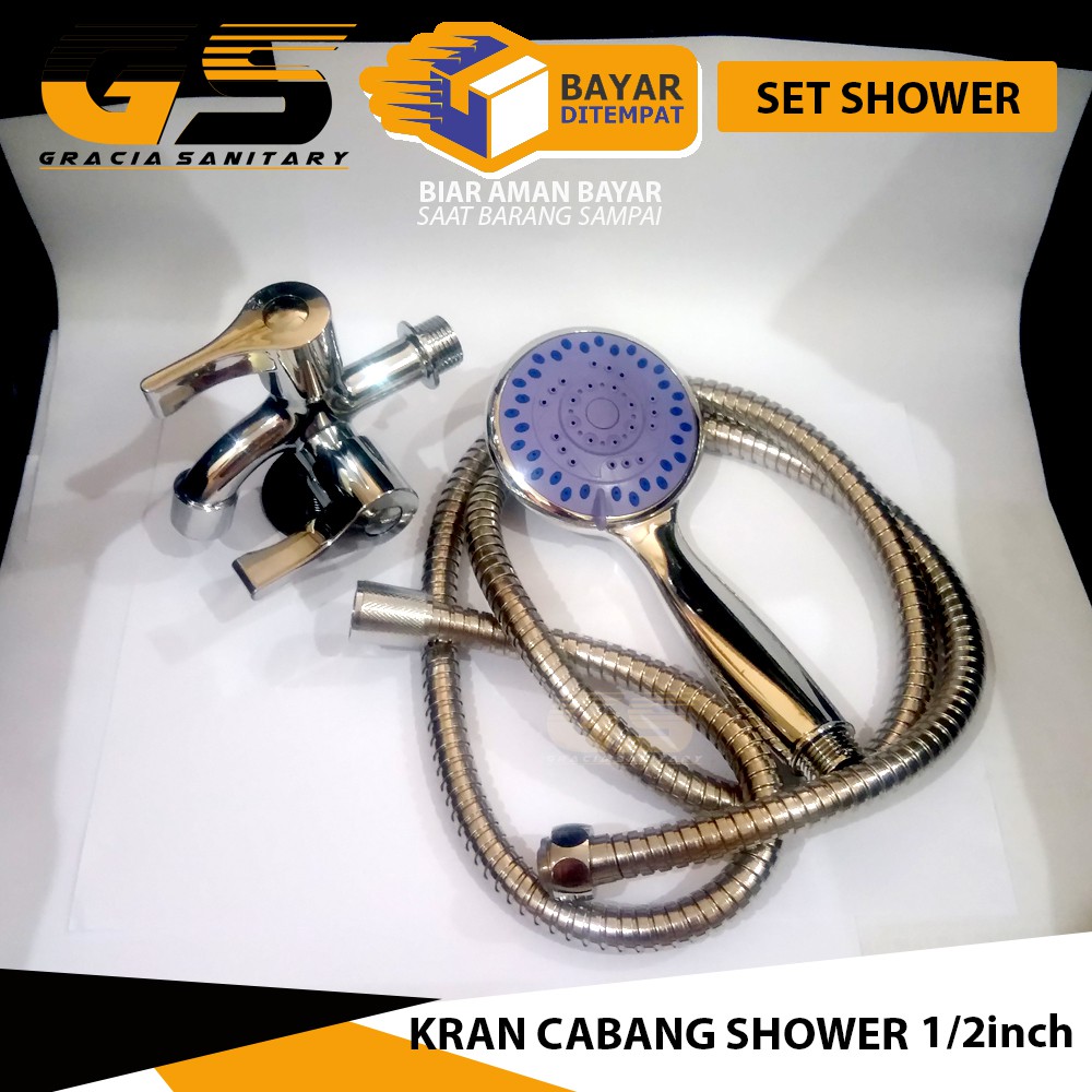 Paket SET Shower Mandi Kran 1/2 Inch Handshower Murah Kran cabang 2733 + shower 05 Tinggal Pasang