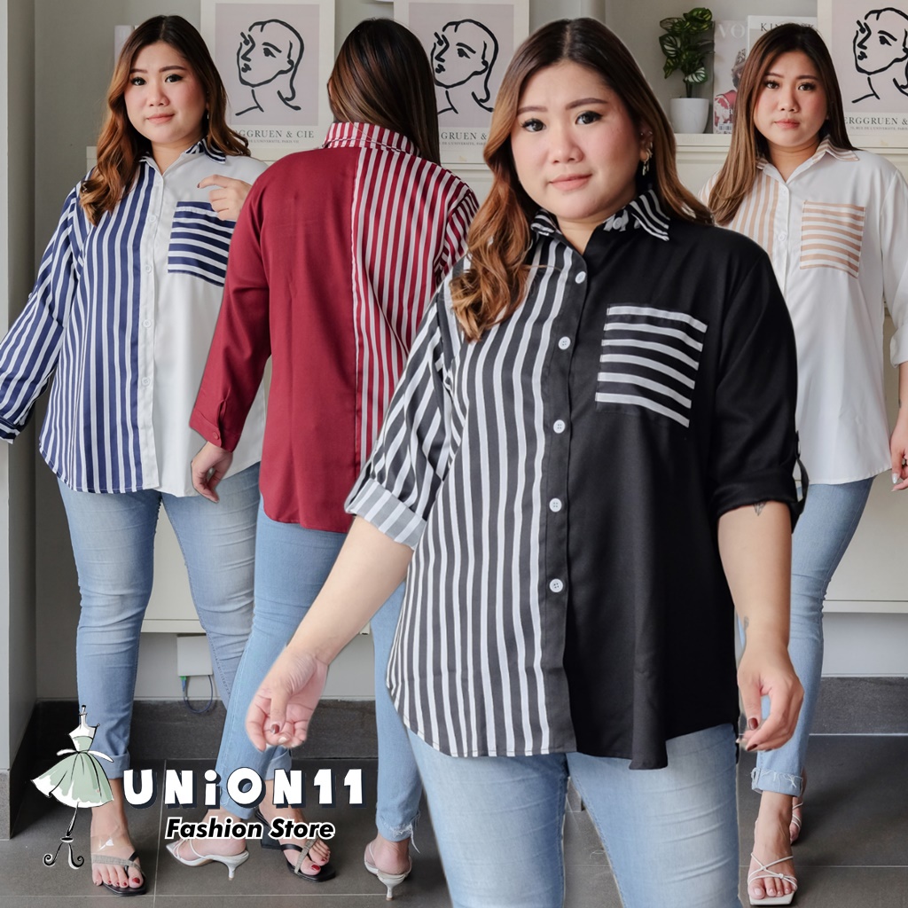 UNION11 - KEMEJA JUMBO  TWO TONE WANITA / ATASAN JUMBO WANITA XXXL LD 120  / KEMEJA JUMBO BIGSIZE TERE FUNKO