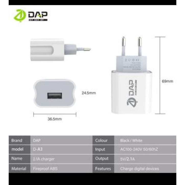 Batok Charger DAP D-A3 1USB 2.1A PERPCS Kepala Charger DAP D-A3 1USB Kepala Casan DAP D-A3 1USB 2.1A PERPCS ORIGINAL