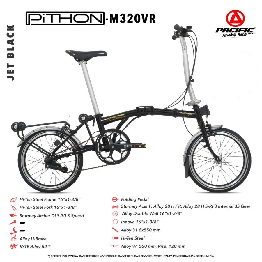 Sepeda Lipat Pacific STEEL PITHON M320VR 1x3 MD 16 Inch Garansi SNI-1