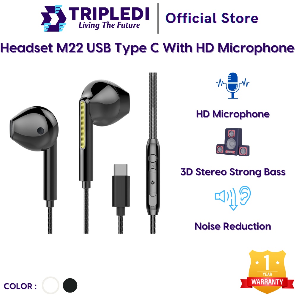 TRIPLEDI Headset Wired USB Type C M22 Earphone with HD Microphone Gaming Musik Noise Reduction 3D St