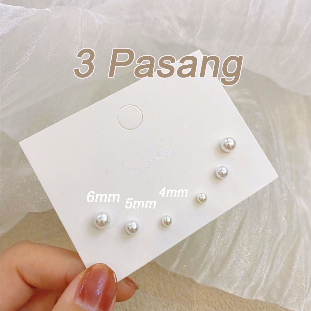 Anting Mutiara Aksesoris Fashion Wanita: 3 Pasang Set Anting Stud Model Bundar dengan Mutiara Imitasi