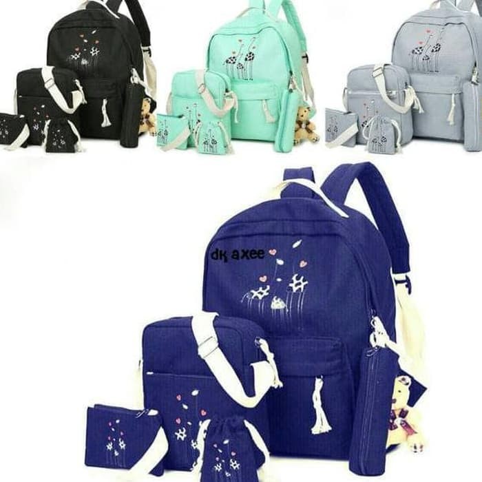 BACKPACK RANSEL CANVAS WANITA PAKETAN SET 5IN1 JERAPAH RANSEL TAS