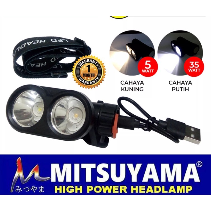 Bisa COD!!! Senter Kepala Led Mitsuyama MS-1923 / 3 Mode Putih Kuning Dimmer Headlamp Batrai Awet dan tahan lama