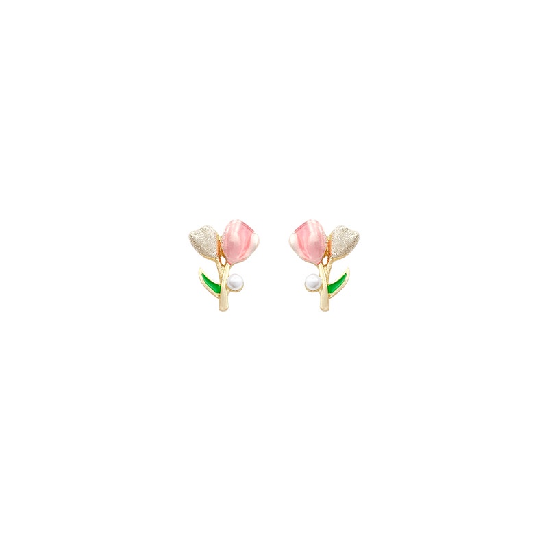 Anting Tusuk Asimetris Desain Bunga Tulip Pink Mini Hias Mutiara Untuk Wanita