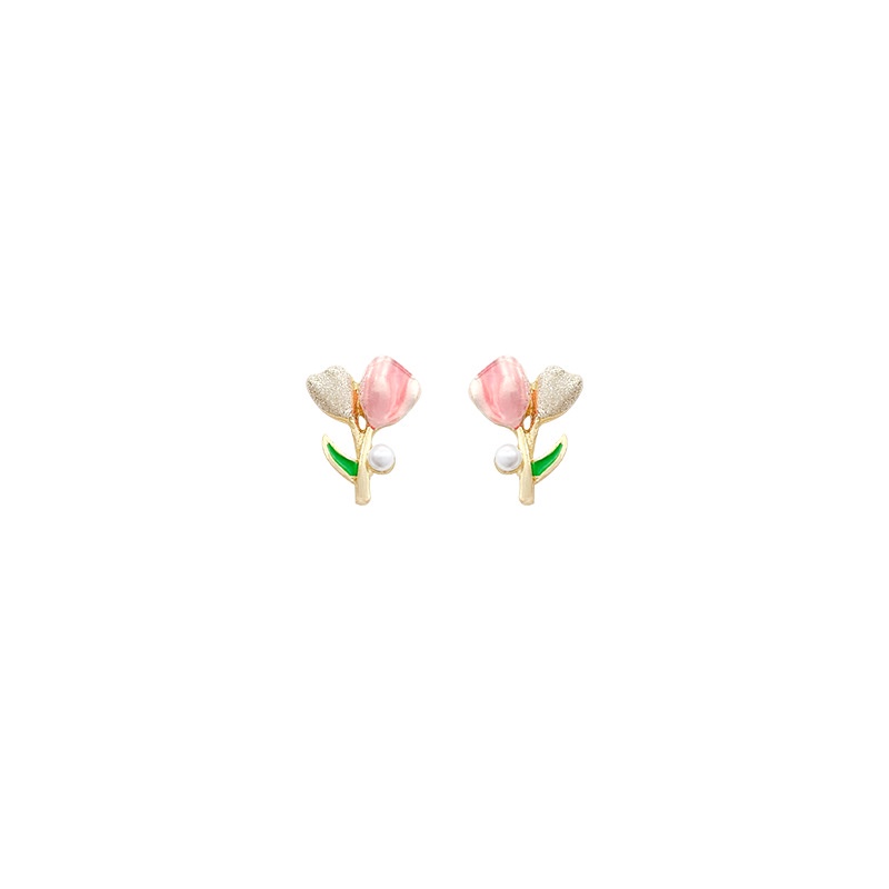 Anting Tusuk Asimetris Desain Bunga Tulip Pink Mini Hias Mutiara Untuk Wanita