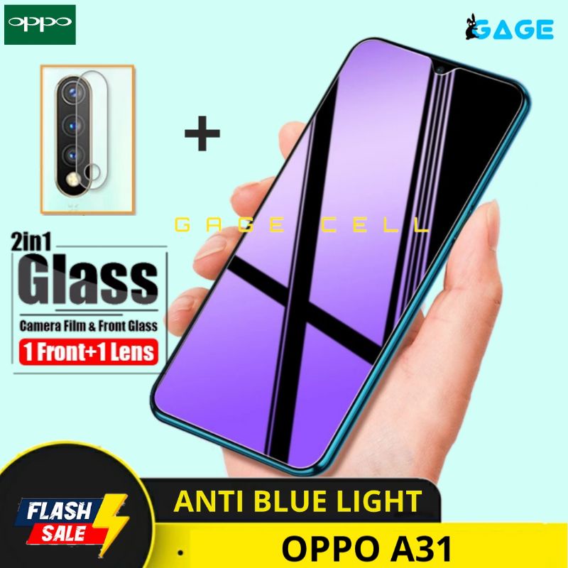 2in1 TEMPERED GLASS ANTI BLUE LIGHT OPPO A31 FULL LAYAR KAMERA SCREEN PROTECTOR