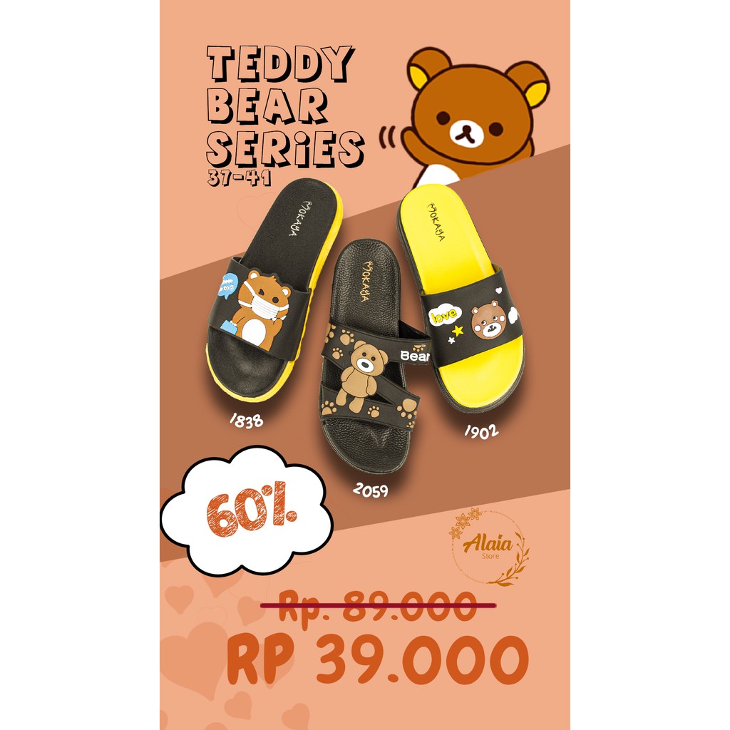 Sandal slop wanita impor Motif Bear Lucu - Mokaya 2059 (37-41) / Sandal slop ban 3 cewek