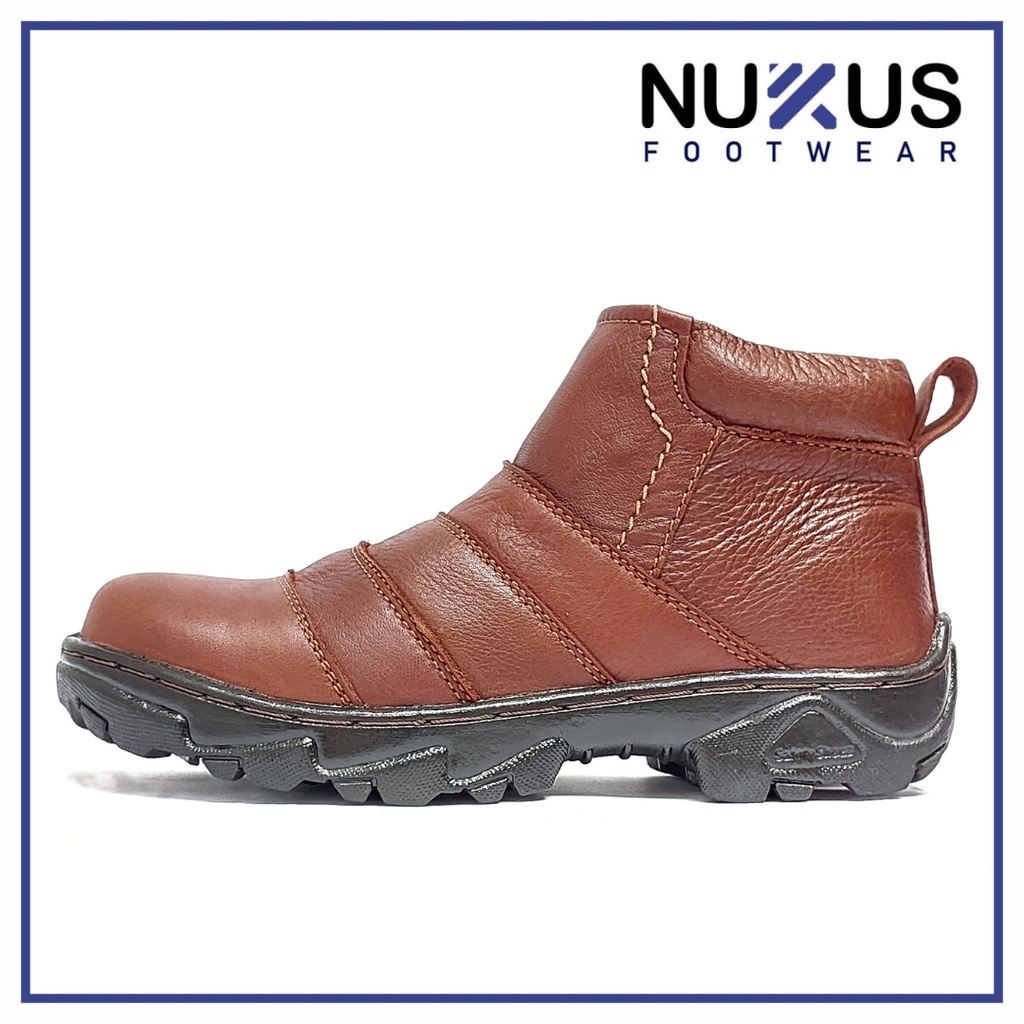 Nukus Sepatu Safety Boots Resleting Pria Kulit Asli Coklat - BRS