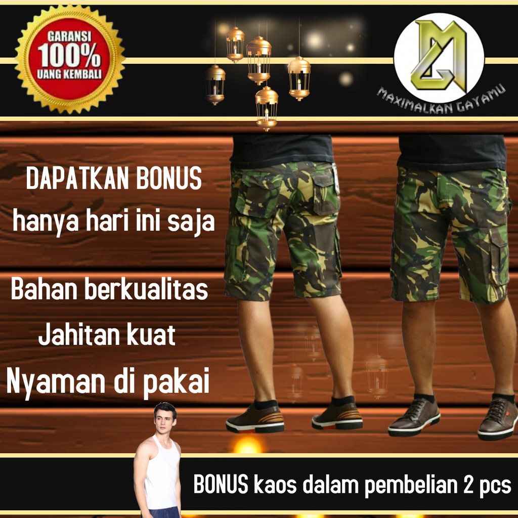 celana pendek cargo kendy cowok pria  yang lagi tren army loreng  santai fitnes