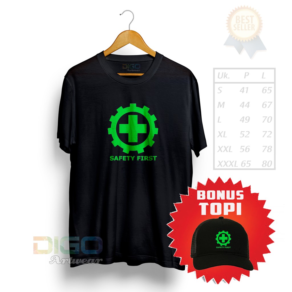 Tshirt kaos safety first Free Caps Topi "SAFETY FIRST" LOGO - Baju Keselamatan Kerja tetap aman sali
