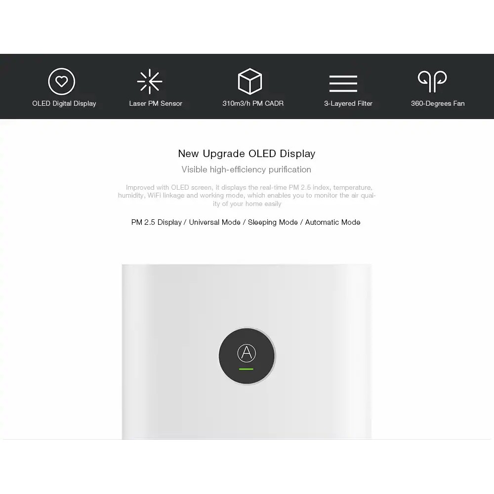 XIAOMI Upgraded OLED Display Mi Home Smart Air Purifier 2S