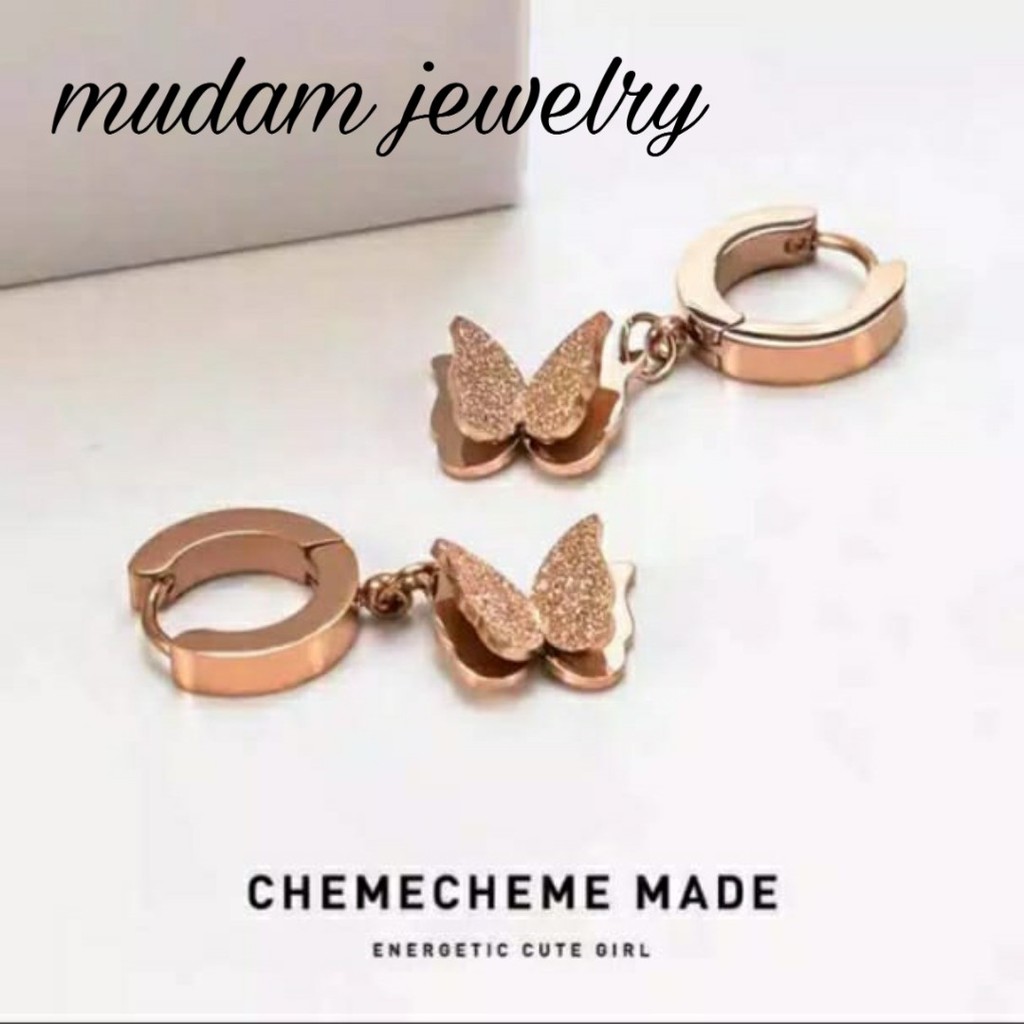 Anting Titanium Kupu-Kupu Juntai Untuk Wanita Fashion Warna Rose Gold, Gold dan Silver