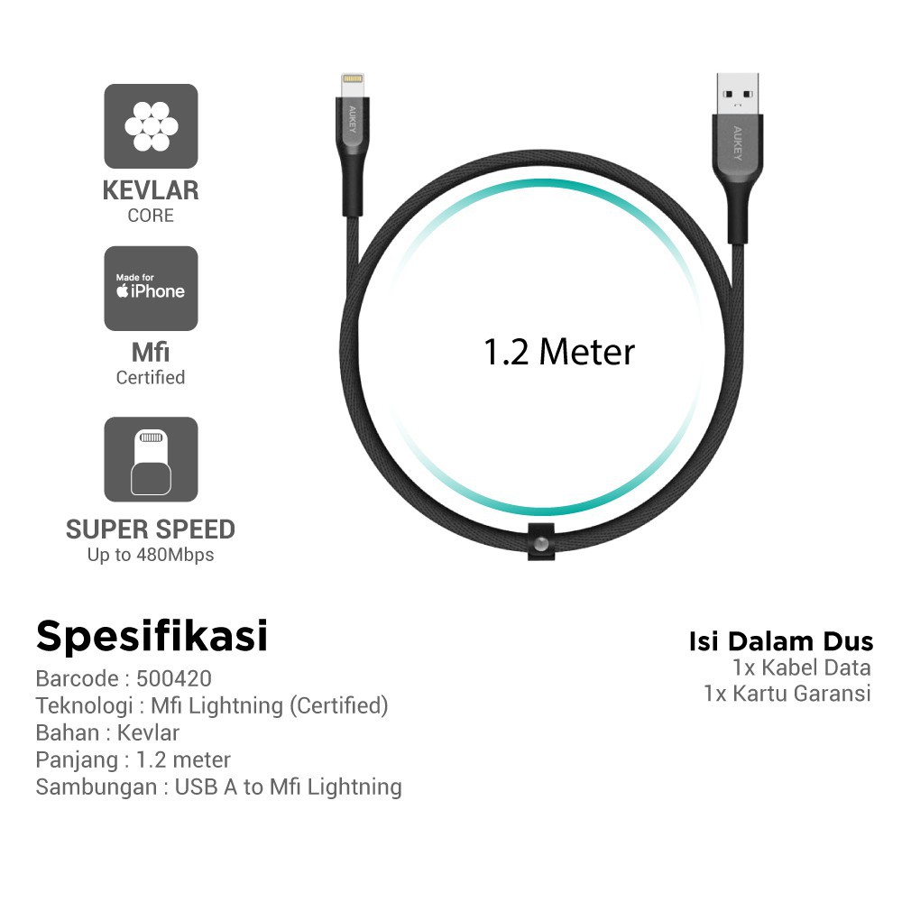 Aukey Cable CB-AKL1 MFI USB A To Lightning Kevlar Cable 1.2M Black- 500420